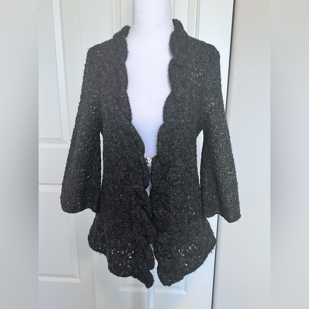 DKNY Charcoal Crochet Cardigan Bell Sleeve Alpaca Wool Blend Sz Medium